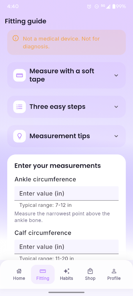 VeinWell Fitting Guide Screen showing step-by-step measuring instructions and input fields