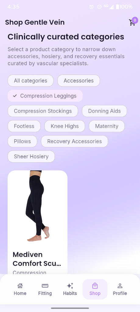 Shop Gentle Vein In-App Store showing clinically curated categories