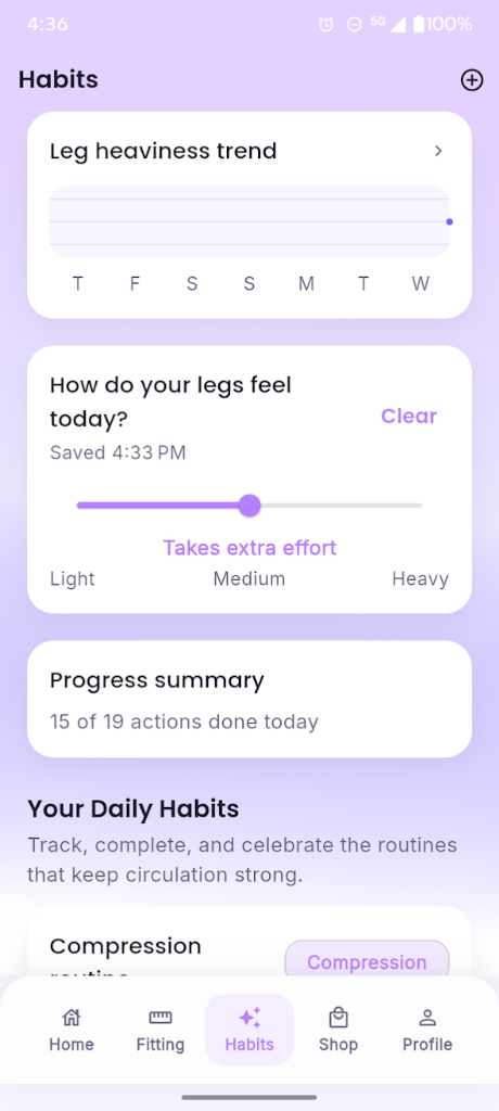 VeinWell Daily Routine Dashboard showing leg heaviness trends and progress summary